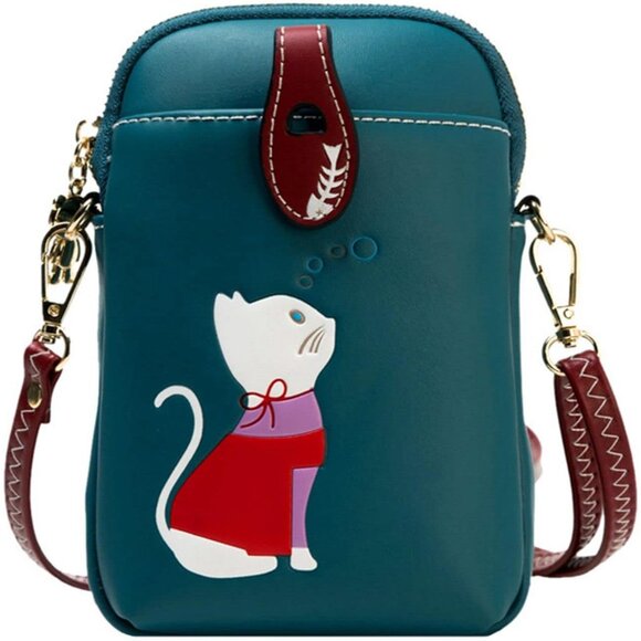 Women Small Leather Crossbody Bag Cute Cat Design Lightweigh - Picture 1 of 7